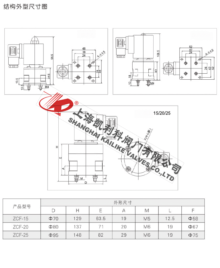 ZCF聚四氟防腐電磁閥結(jié)構(gòu)尺寸圖